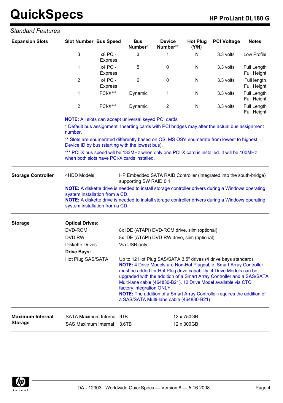 Quickspecs, Hp proliant dl180 g5 standard features | HP ProLiant DL180 G User Manual | Page 4 / 30