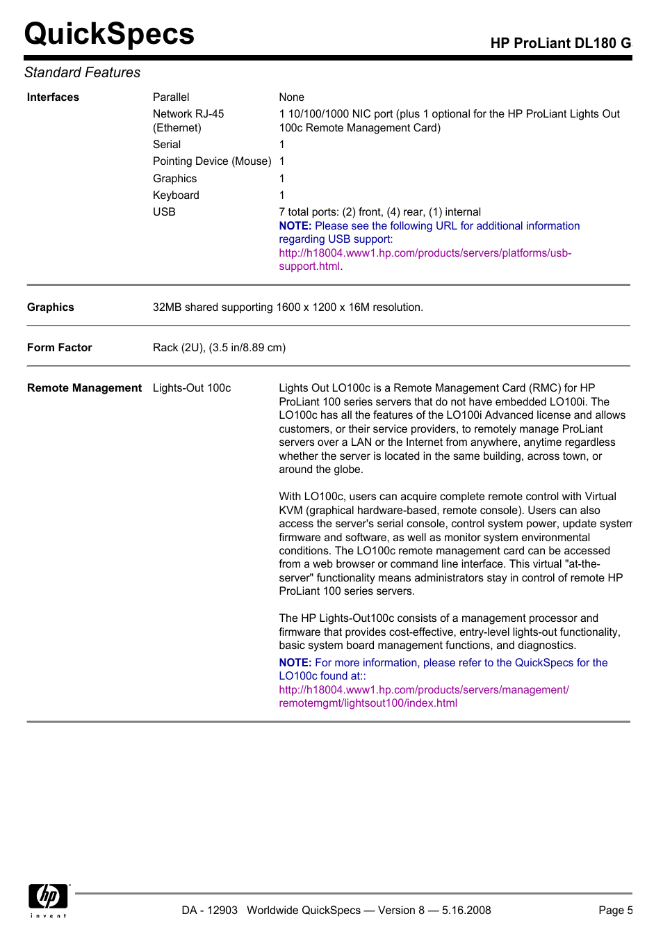 Quickspecs, Hp proliant dl180 g5 standard features | HP ProLiant DL180 G User Manual | Page 5 / 30