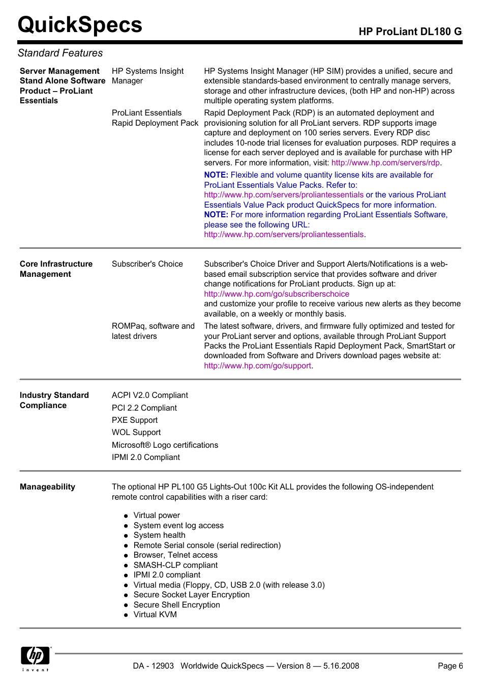 Quickspecs, Hp proliant dl180 g5 standard features | HP ProLiant DL180 G User Manual | Page 6 / 30