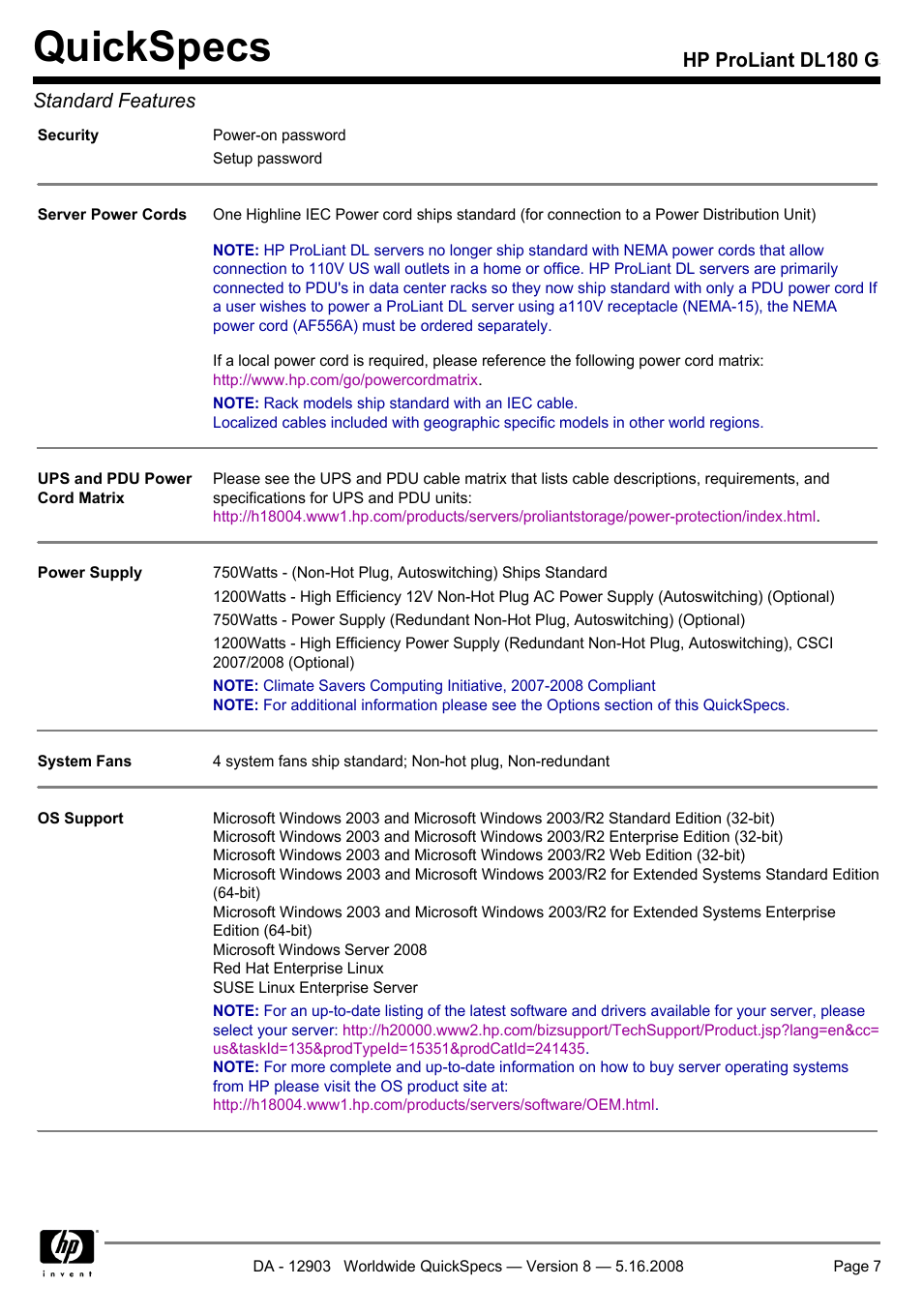 Quickspecs, Hp proliant dl180 g5 standard features | HP ProLiant DL180 G User Manual | Page 7 / 30