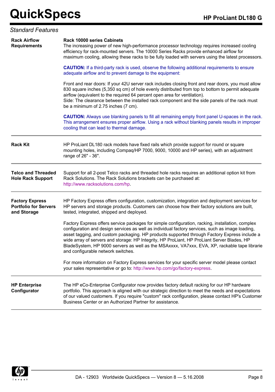 Quickspecs, Hp proliant dl180 g5 standard features | HP ProLiant DL180 G User Manual | Page 8 / 30