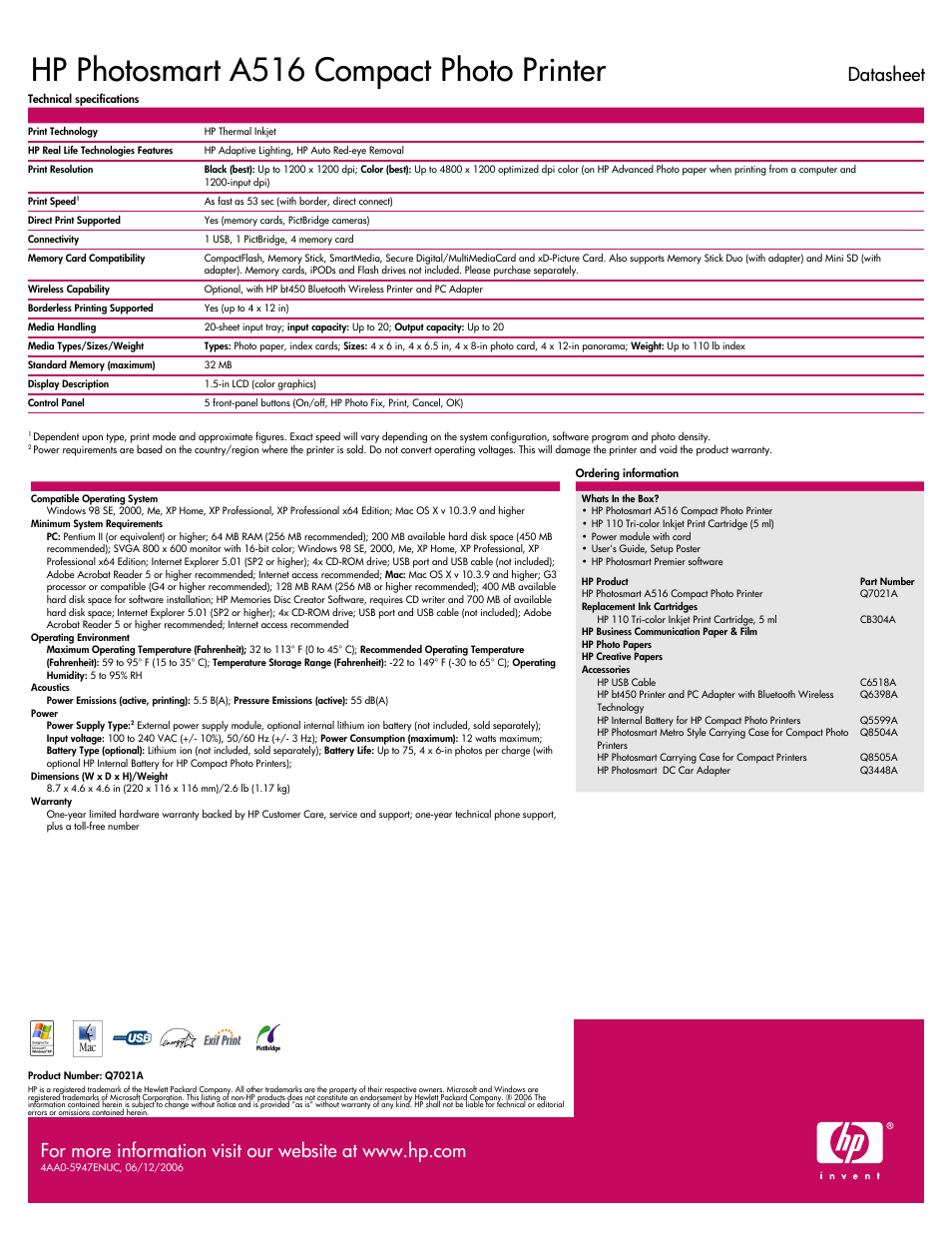 Hp photosmart a516 compact photo printer, Datasheet | HP A516 User Manual | Page 2 / 2