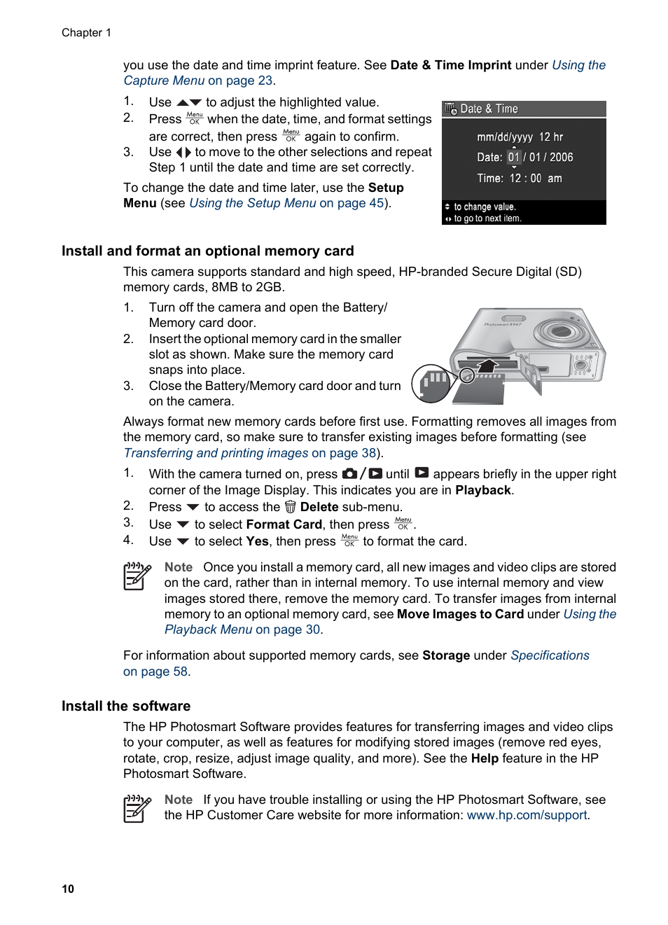 Install and format an optional memory card, Install the software, Windows | HP PhotoSmart R967 User Manual | Page 10 / 62