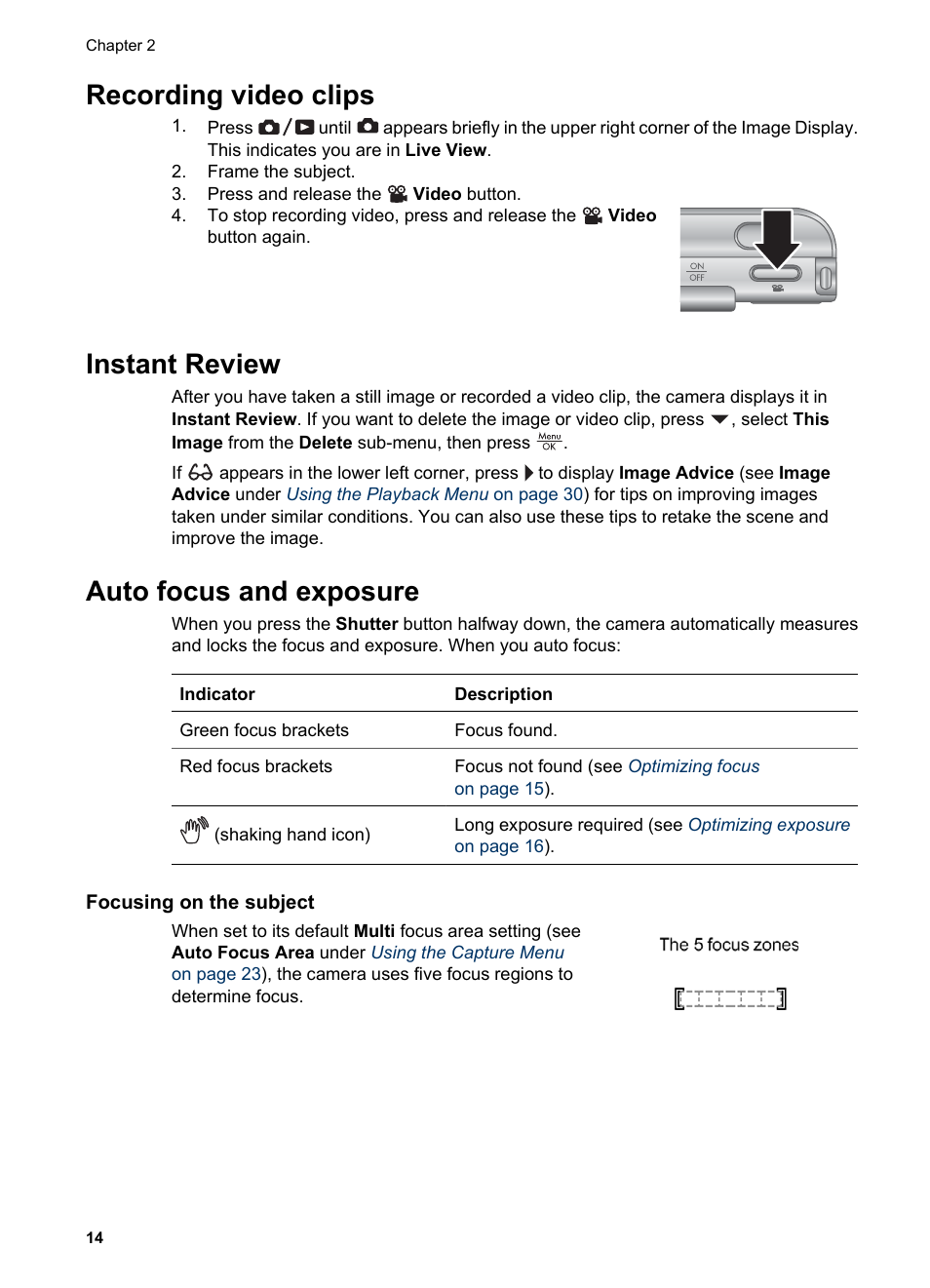 Recording video clips, Instant review, Auto focus and exposure | Focusing on the subject, Focus brackets (see | HP PhotoSmart R967 User Manual | Page 14 / 62