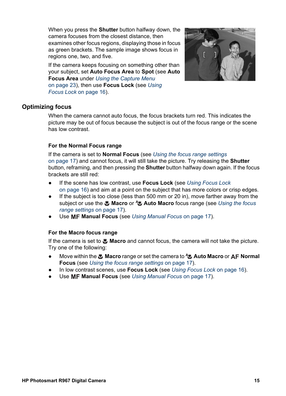 Optimizing focus, For the normal focus range, For the macro focus range | HP PhotoSmart R967 User Manual | Page 15 / 62