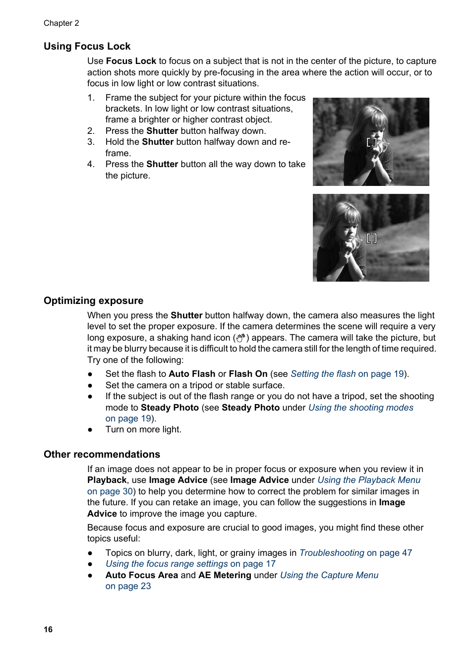 Using focus lock, Optimizing exposure, Other recommendations | Using | HP PhotoSmart R967 User Manual | Page 16 / 62