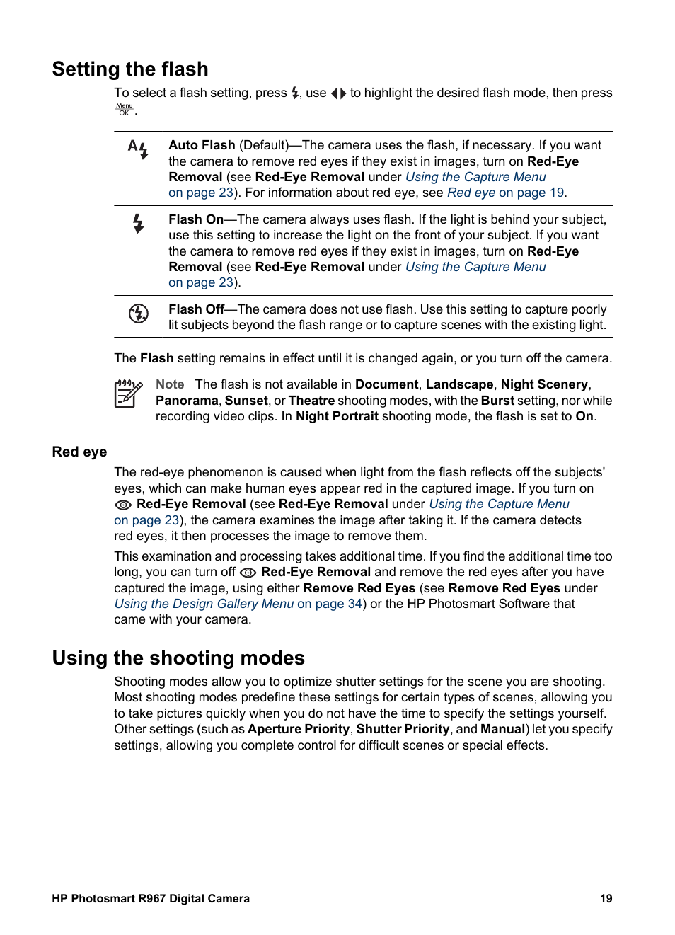 Setting the flash, Red eye, Using the shooting modes | HP PhotoSmart R967 User Manual | Page 19 / 62