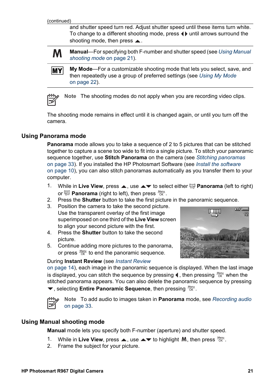 Using panorama mode, Using manual shooting mode, Using panorama | HP PhotoSmart R967 User Manual | Page 21 / 62