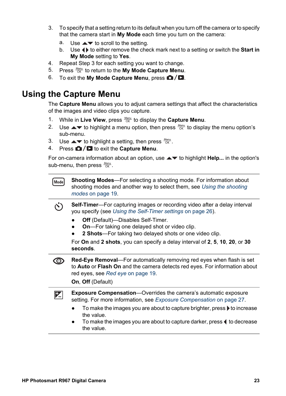 Using the capture menu, Using the | HP PhotoSmart R967 User Manual | Page 23 / 62