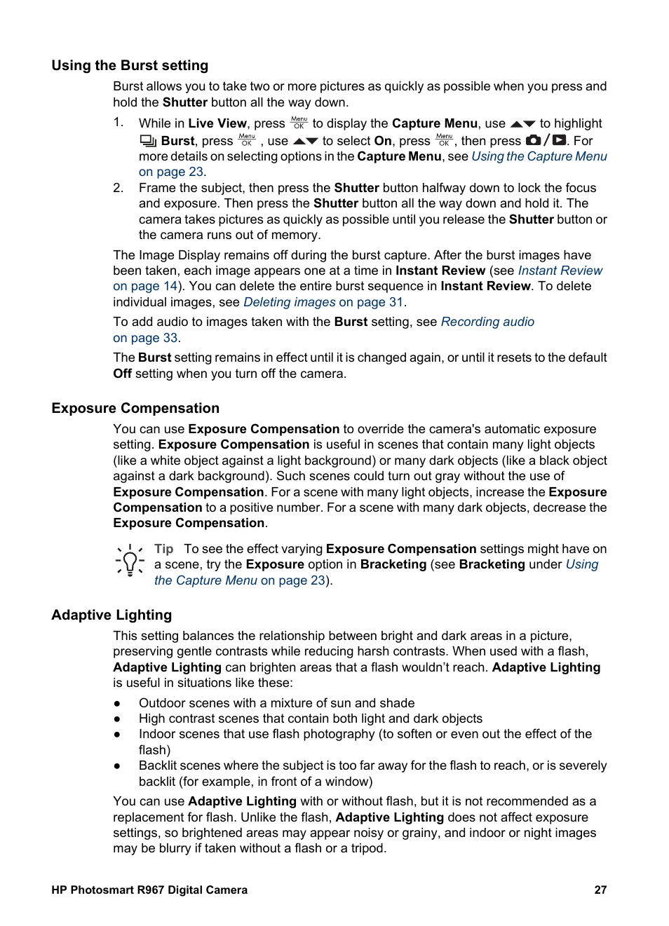 Using the burst setting, Exposure compensation, Adaptive lighting | Using the | HP PhotoSmart R967 User Manual | Page 27 / 62