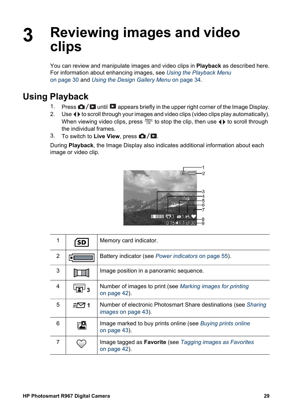 Reviewing images and video clips, Using playback, Reviewing images and video clips using playback | HP PhotoSmart R967 User Manual | Page 29 / 62