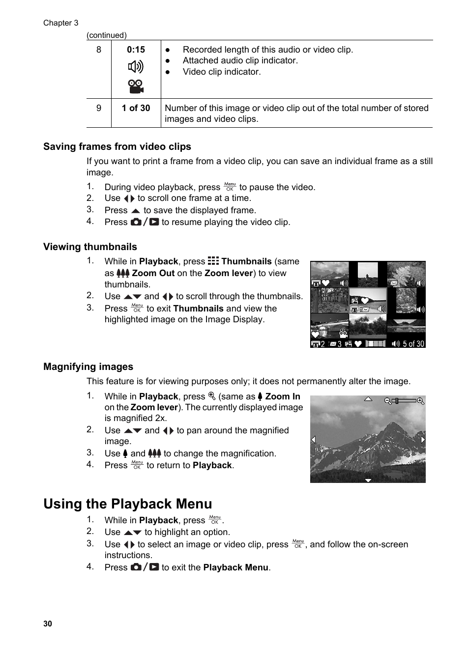 Saving frames from video clips, Viewing thumbnails, Magnifying images | Using the playback menu, Using the, For t | HP PhotoSmart R967 User Manual | Page 30 / 62