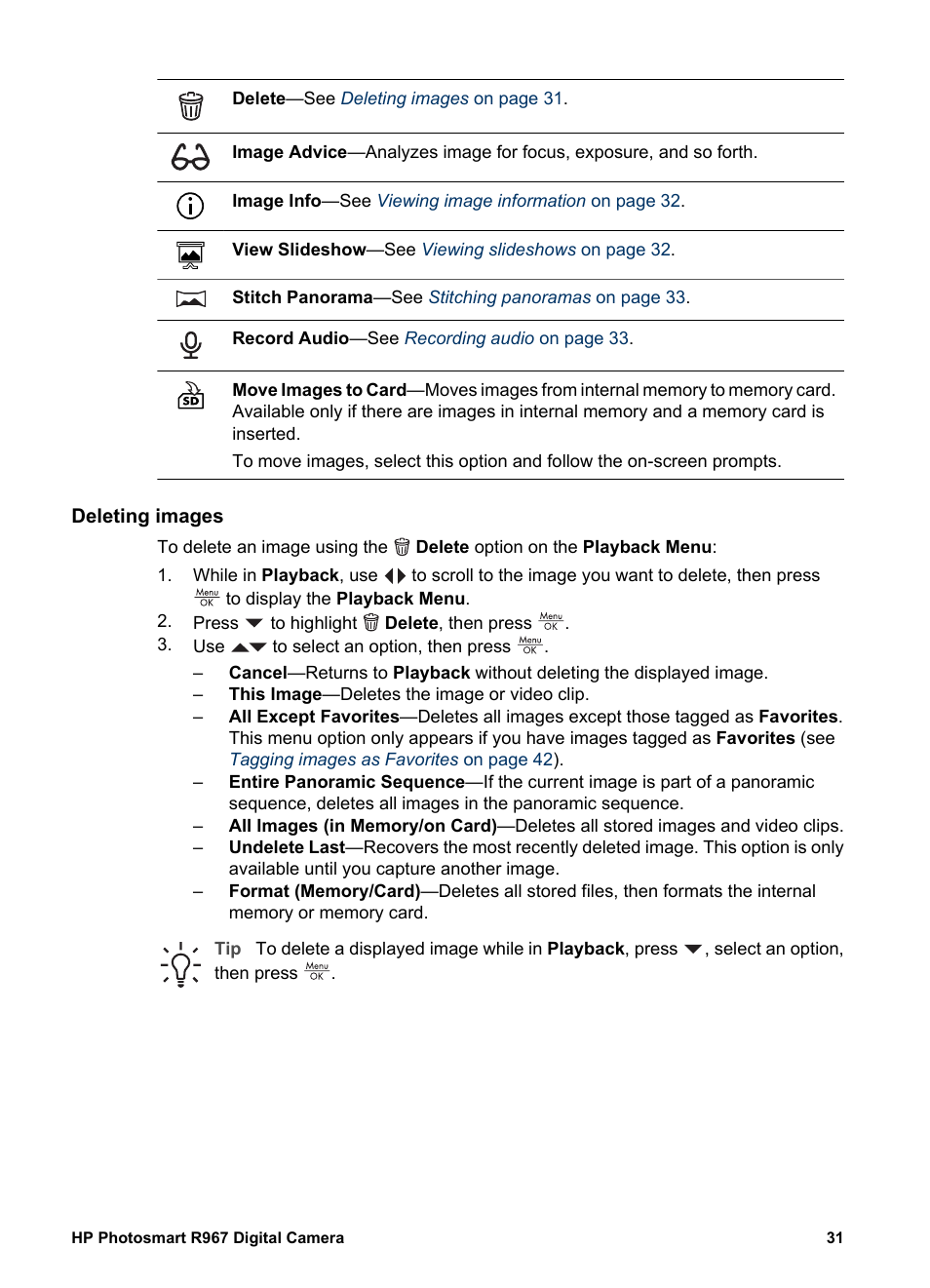 Deleting images | HP PhotoSmart R967 User Manual | Page 31 / 62