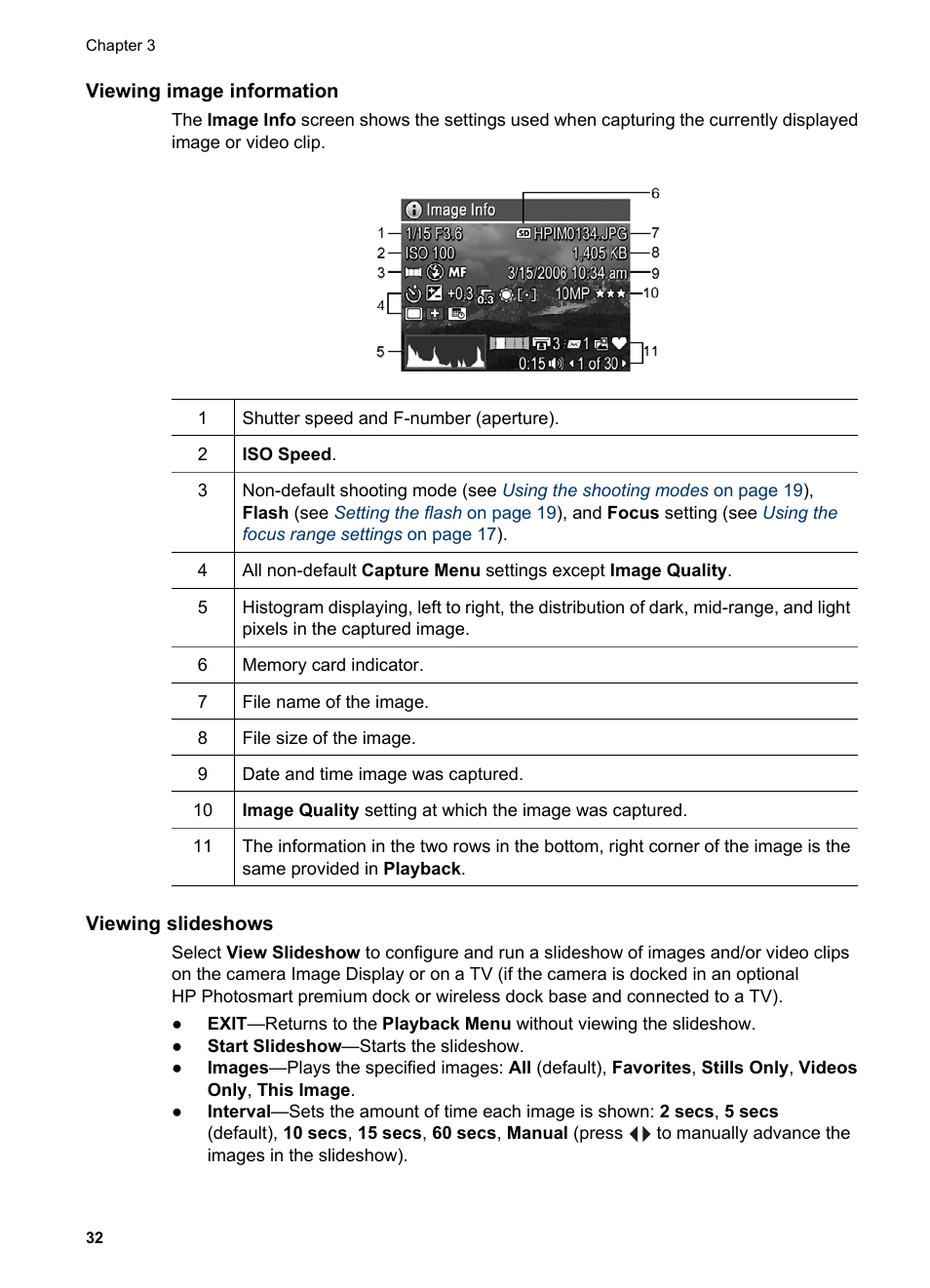 Viewing image information, Viewing slideshows | HP PhotoSmart R967 User Manual | Page 32 / 62