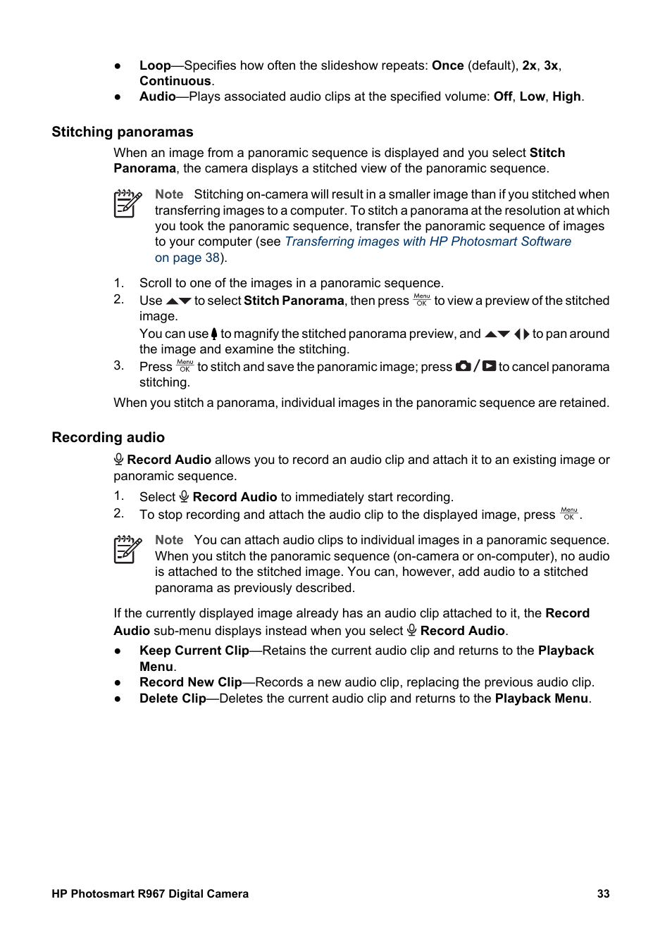 Stitching panoramas, Recording audio, Recording | HP PhotoSmart R967 User Manual | Page 33 / 62