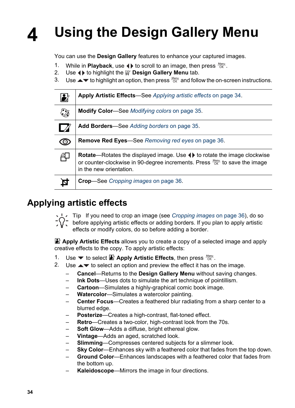 Using the design gallery menu, Applying artistic effects | HP PhotoSmart R967 User Manual | Page 34 / 62