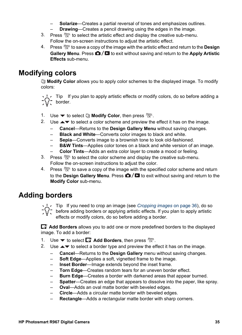 Modifying colors, Adding borders, Modifying colors adding borders | HP PhotoSmart R967 User Manual | Page 35 / 62