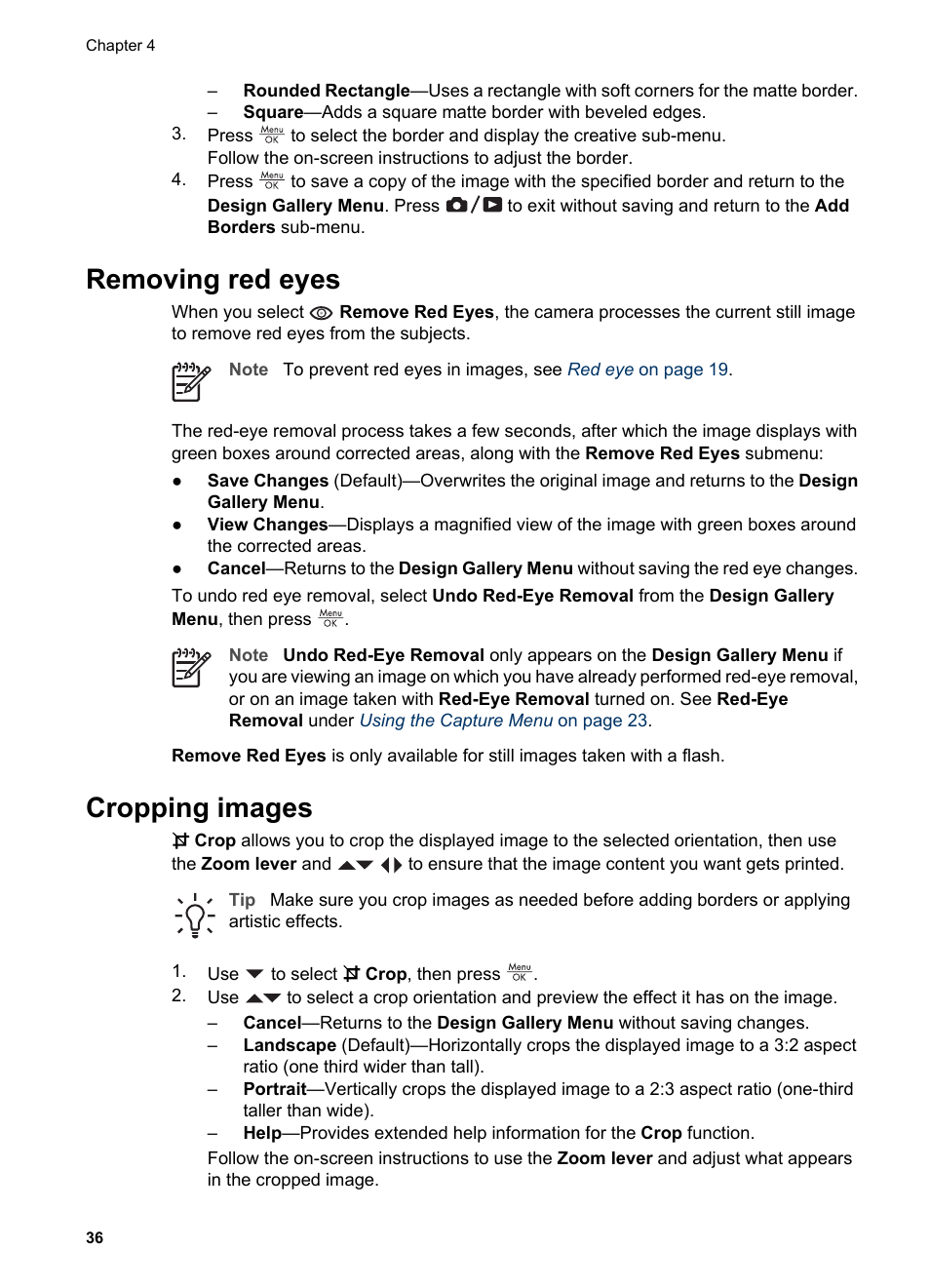 Removing red eyes, Cropping images, Removing red eyes cropping images | HP PhotoSmart R967 User Manual | Page 36 / 62