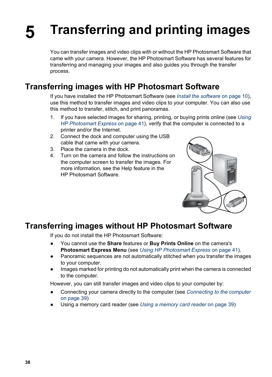 Transferring and printing images, Transferring images with hp photosmart software, Transferring images without hp photosmart software | Transferring images with | HP PhotoSmart R967 User Manual | Page 38 / 62