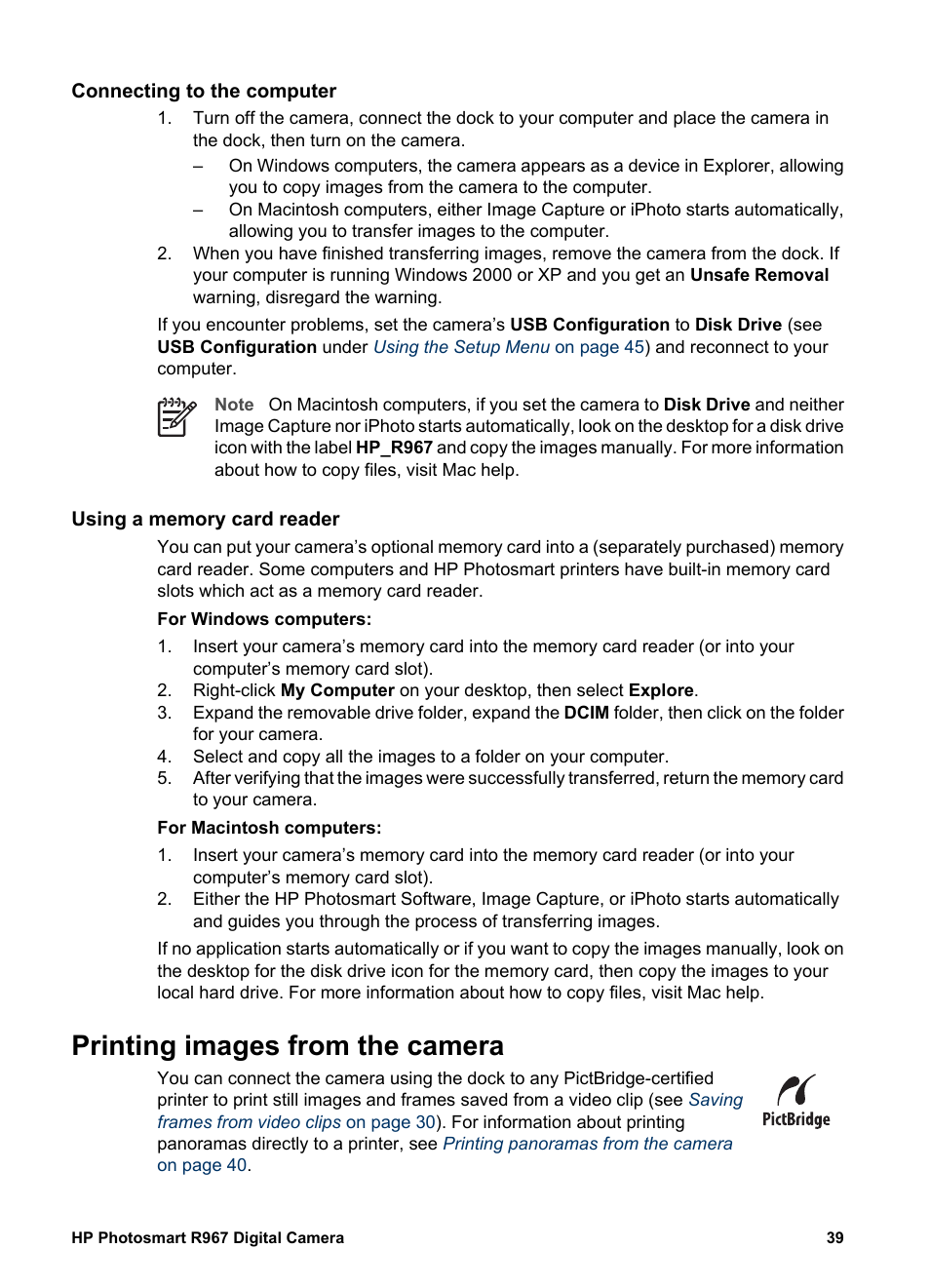 Connecting to the computer, Using a memory card reader, Printing images from the camera | Er (see | HP PhotoSmart R967 User Manual | Page 39 / 62