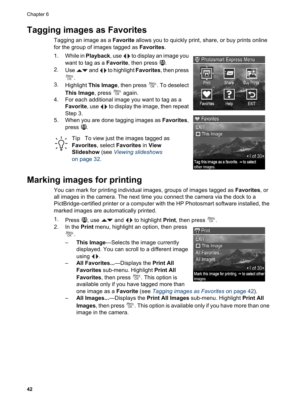 Tagging images as favorites, Marking images for printing, Automatically (see | Tagging images as | HP PhotoSmart R967 User Manual | Page 42 / 62