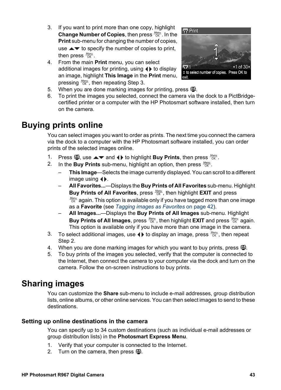 Buying prints online, Sharing images, Setting up online destinations in the camera | Buying prints online sharing images, Sharing | HP PhotoSmart R967 User Manual | Page 43 / 62