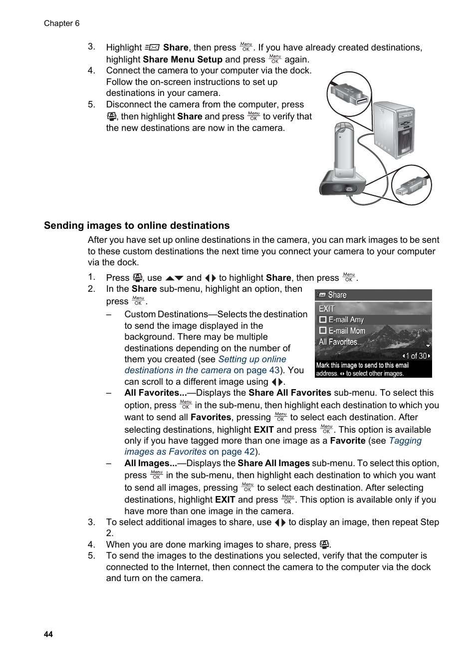 Sending images to online destinations | HP PhotoSmart R967 User Manual | Page 44 / 62