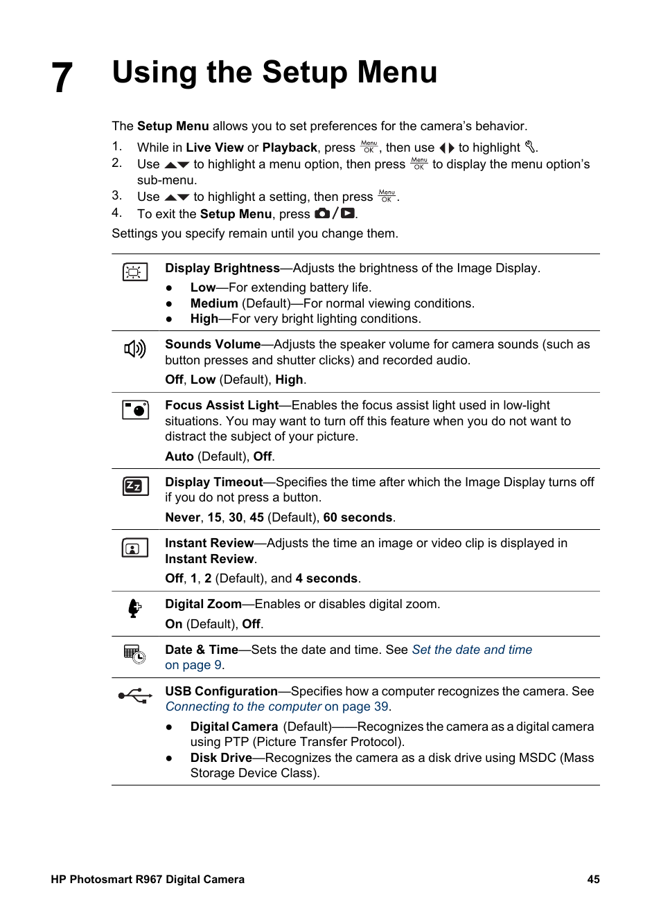 Using the setup menu | HP PhotoSmart R967 User Manual | Page 45 / 62