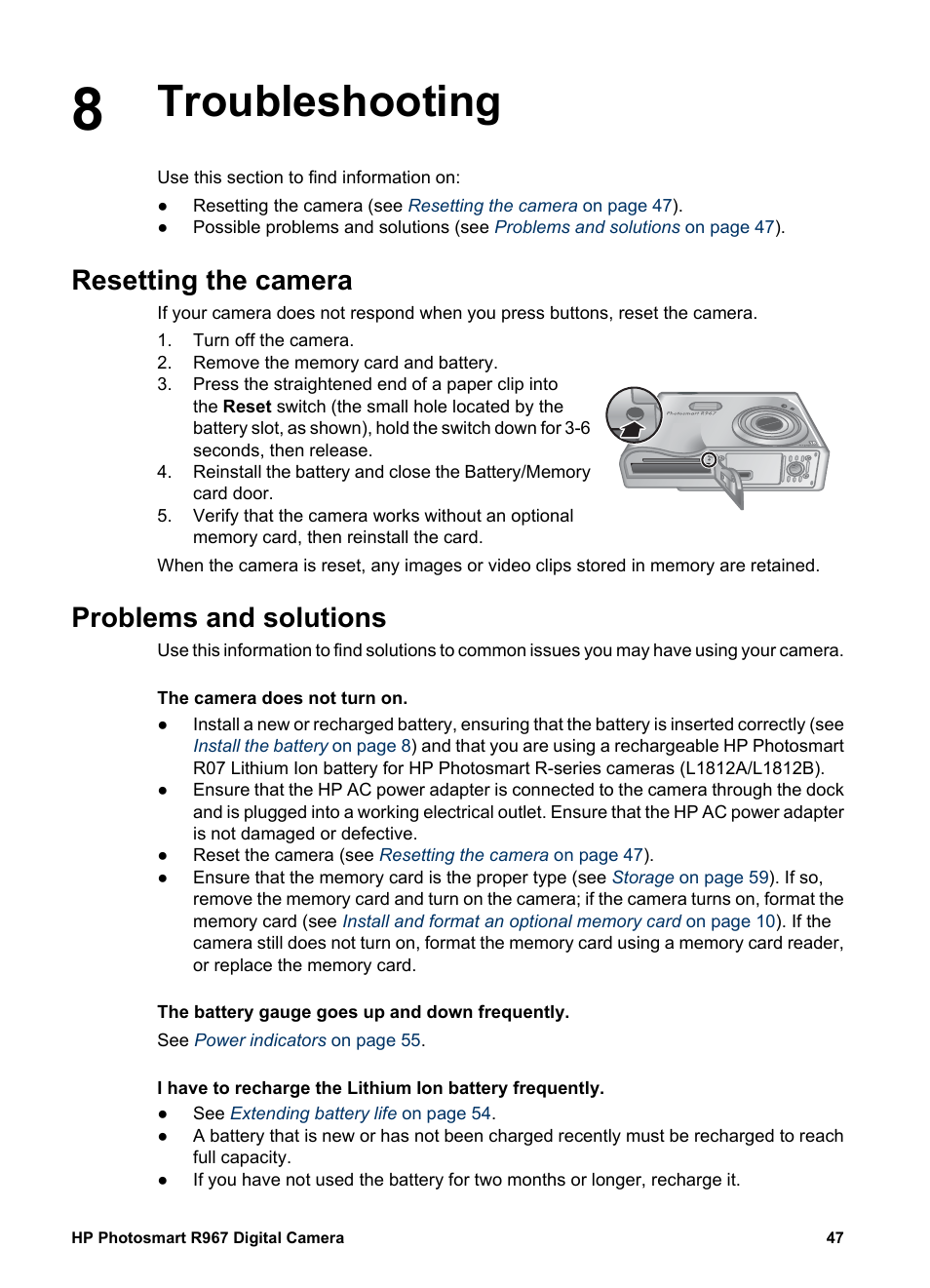 Troubleshooting, Resetting the camera, Problems and solutions | S in | HP PhotoSmart R967 User Manual | Page 47 / 62