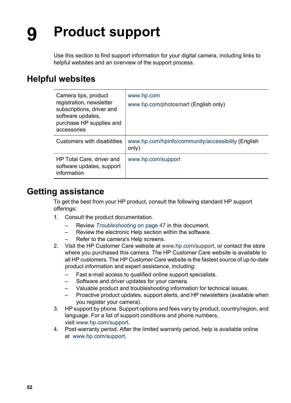 Product support, Helpful websites, Getting assistance | HP PhotoSmart R967 User Manual | Page 52 / 62