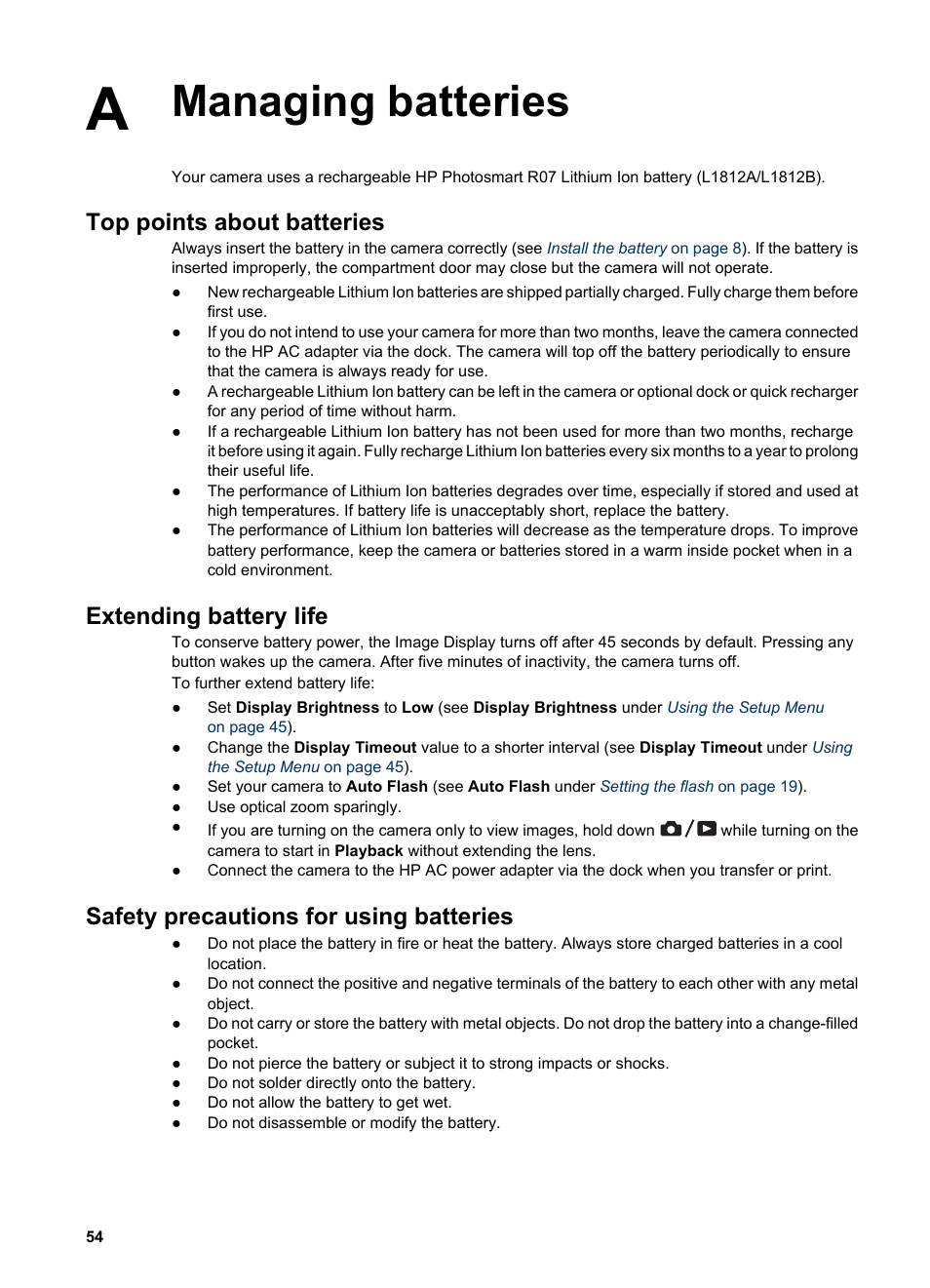 Managing batteries, Top points about batteries, Extending battery life | Safety precautions for using batteries | HP PhotoSmart R967 User Manual | Page 54 / 62