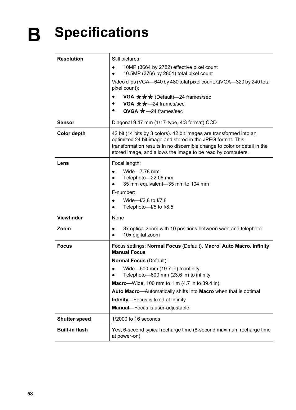 Specifications | HP PhotoSmart R967 User Manual | Page 58 / 62