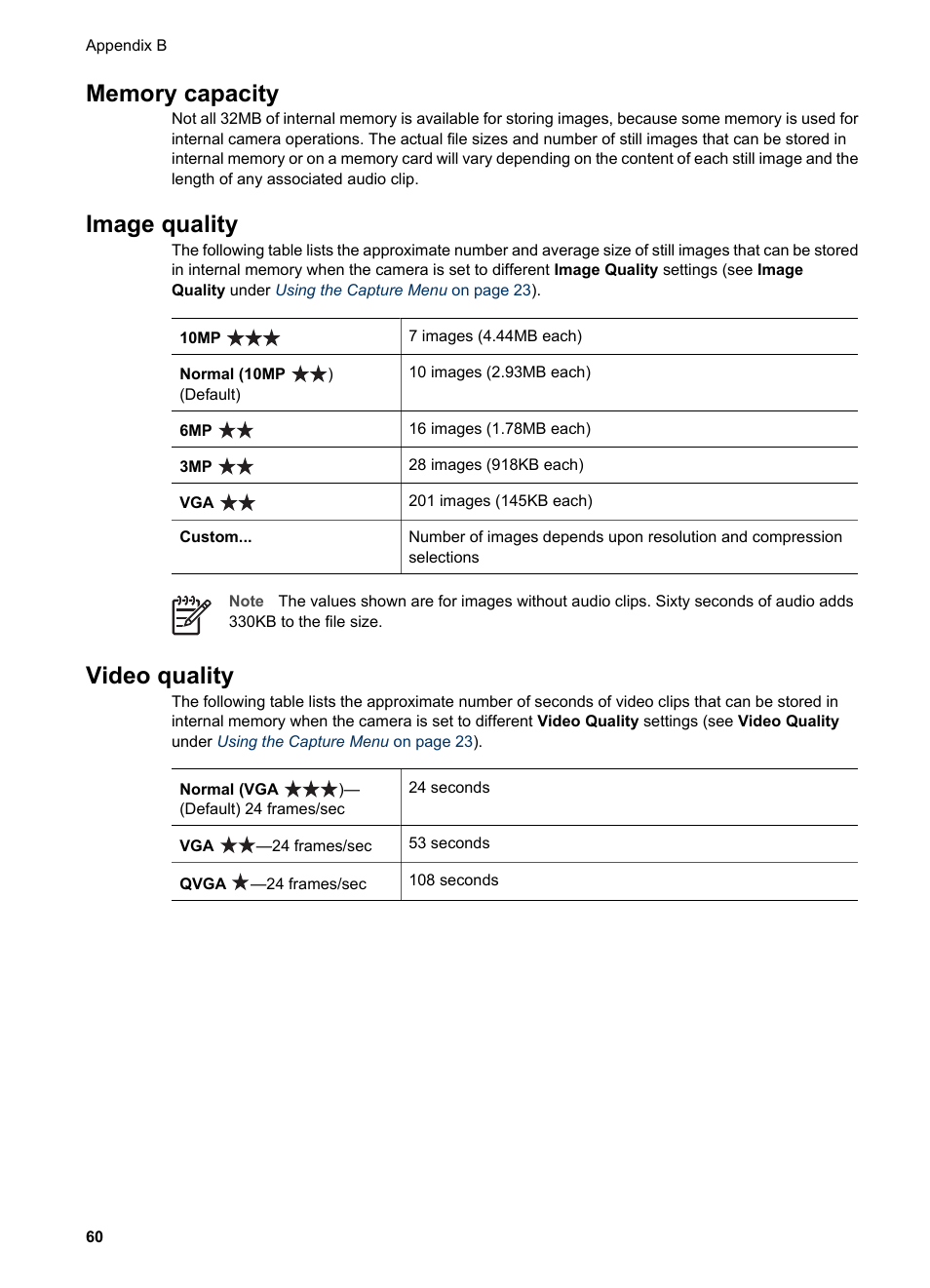 Memory capacity, Image quality, Video quality | Memory capacity image quality, For ti | HP PhotoSmart R967 User Manual | Page 60 / 62