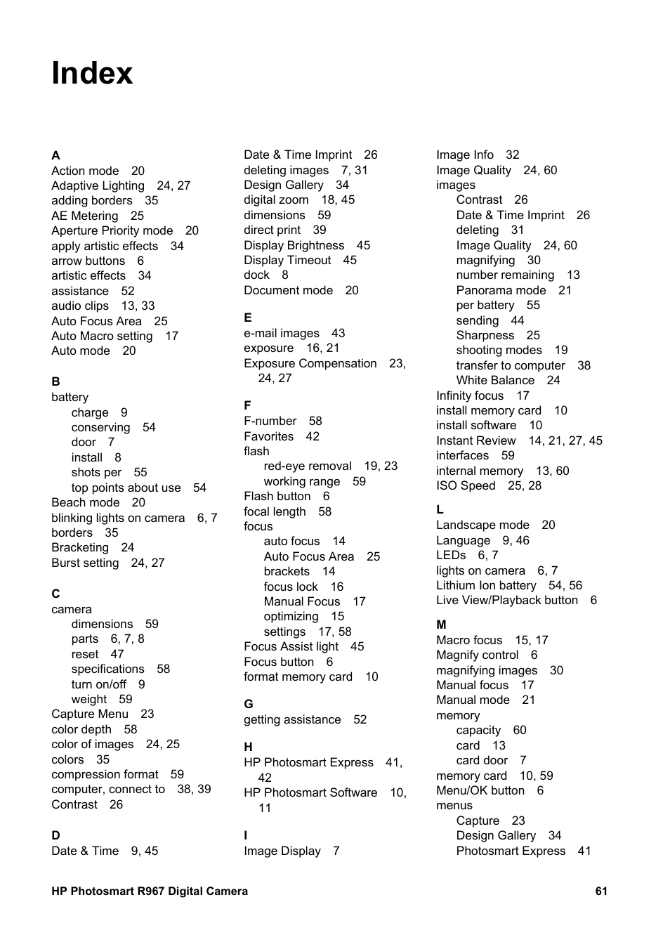 Index | HP PhotoSmart R967 User Manual | Page 61 / 62