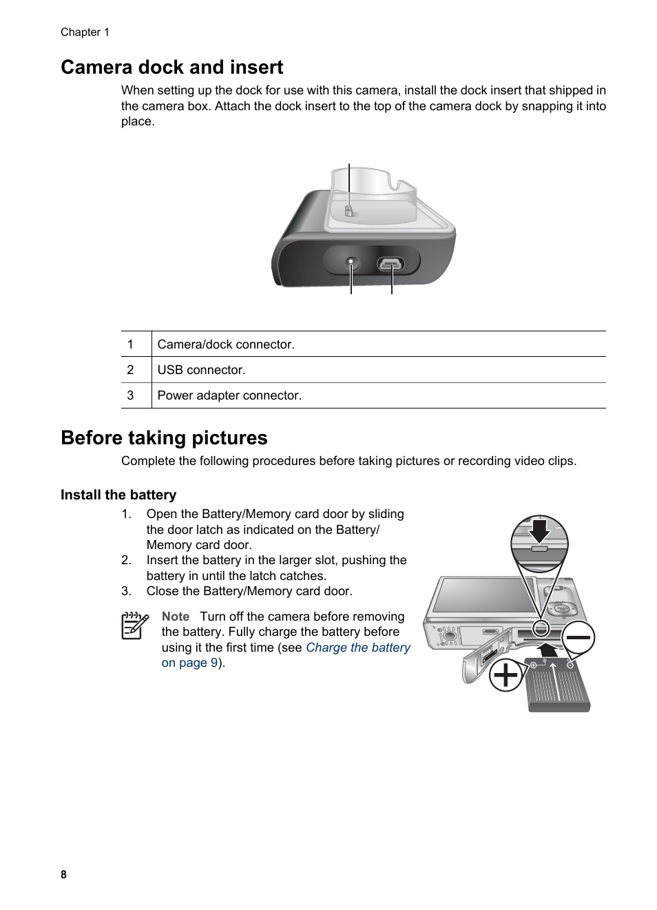 Camera dock and insert, Before taking pictures, Install the battery | Camera dock and insert before taking pictures | HP PhotoSmart R967 User Manual | Page 8 / 62