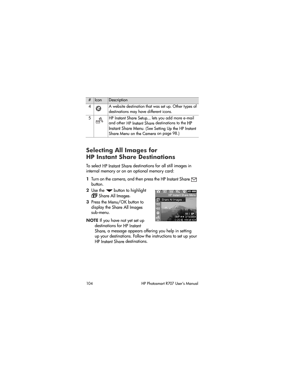 Selecting all images for, Hp instant share destinations | HP R707 User Manual | Page 104 / 191