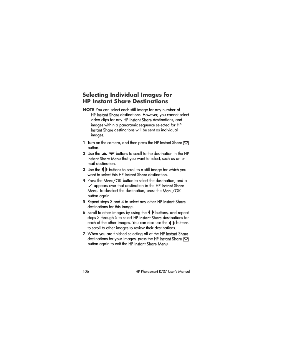 Selecting individual images for, Hp instant share destinations, Selecting individual images for hp instant | Share destinations | HP R707 User Manual | Page 106 / 191