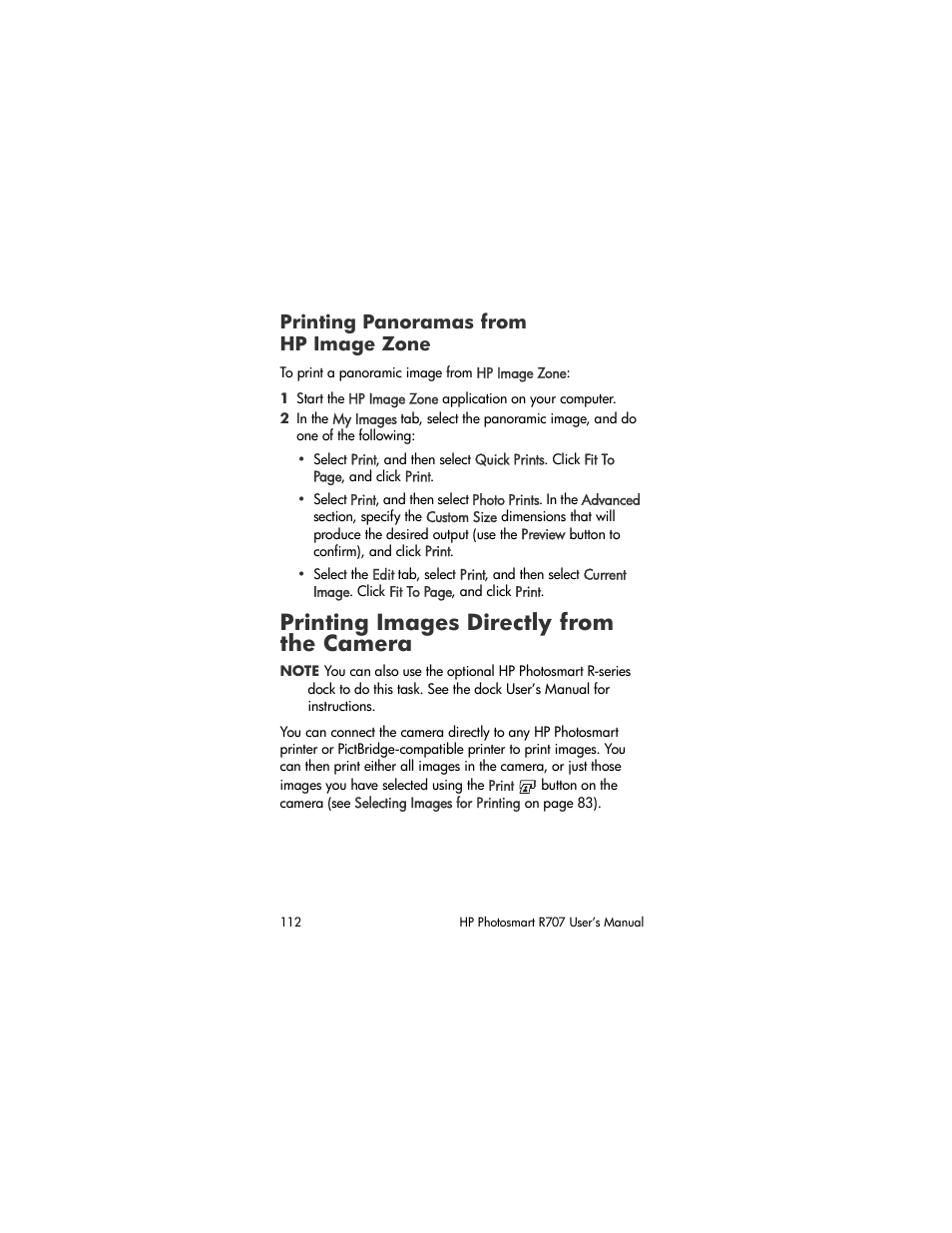 Printing panoramas from hp image zone, Printing images directly from the camera | HP R707 User Manual | Page 112 / 191