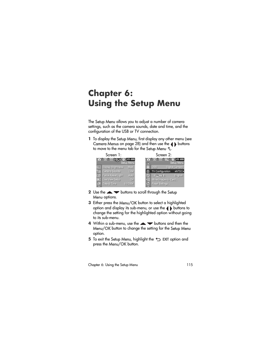 Chapter 6: using the setup menu, Chapter 6: using the, Setup menu | HP R707 User Manual | Page 115 / 191
