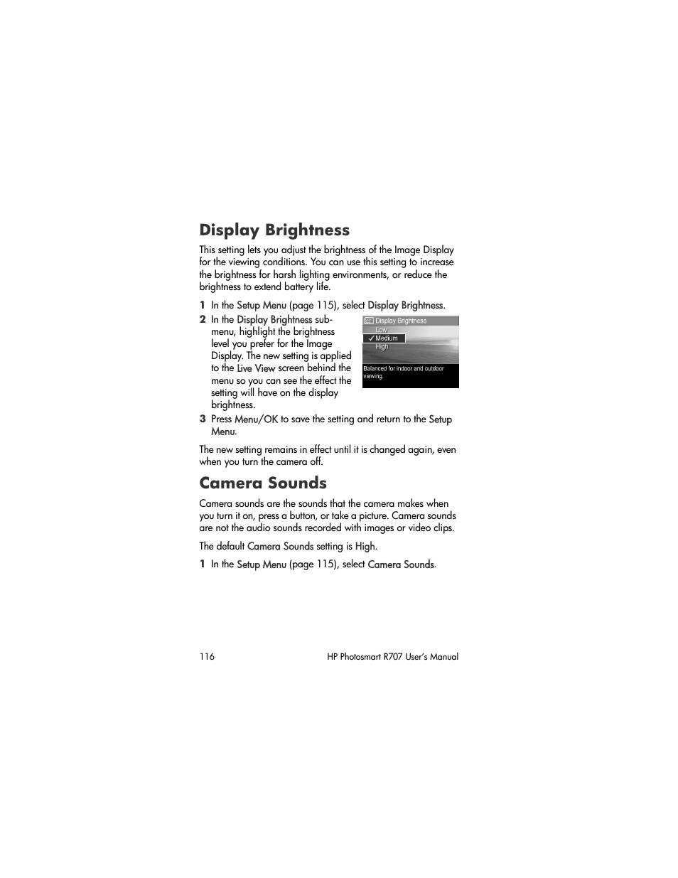 Display brightness, Camera sounds | HP R707 User Manual | Page 116 / 191