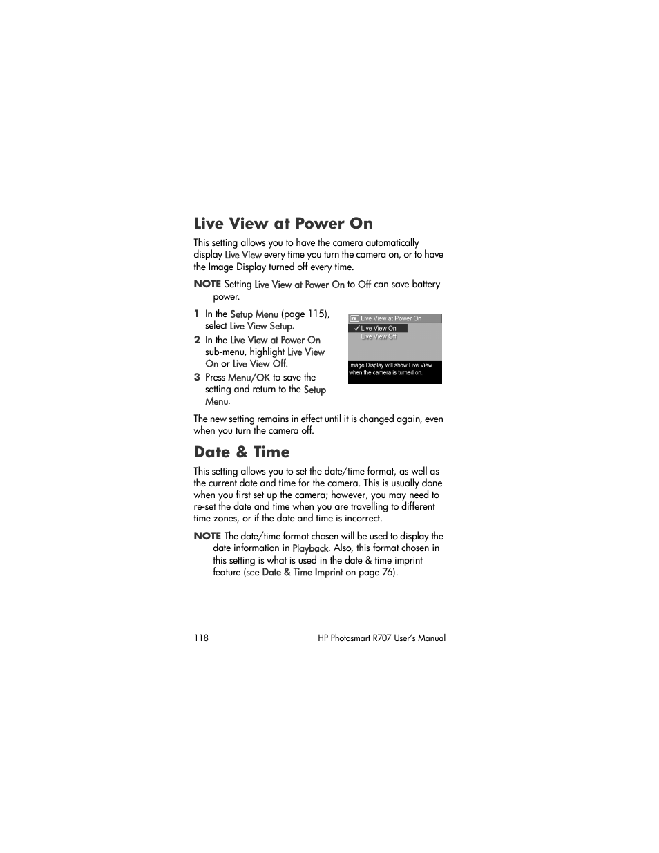 Live view at power on, Date & time | HP R707 User Manual | Page 118 / 191