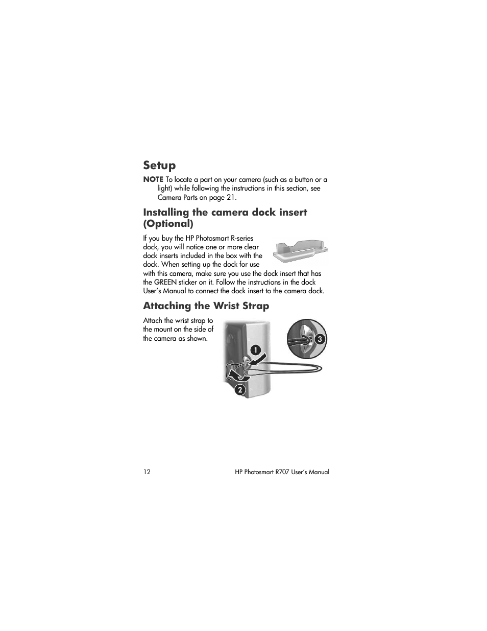 Setup, Installing the camera dock insert (optional), Attaching the wrist strap | HP R707 User Manual | Page 12 / 191