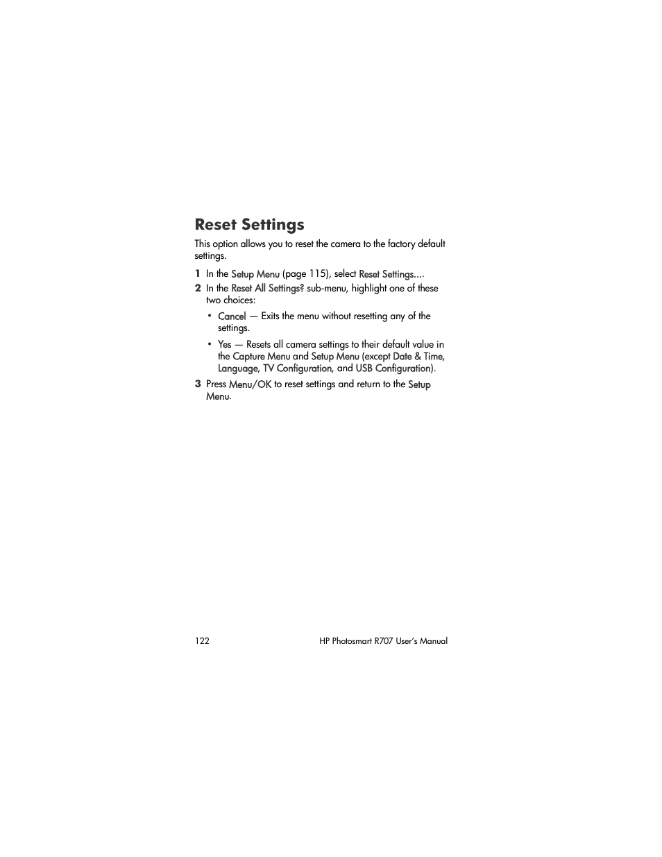 Reset settings | HP R707 User Manual | Page 122 / 191