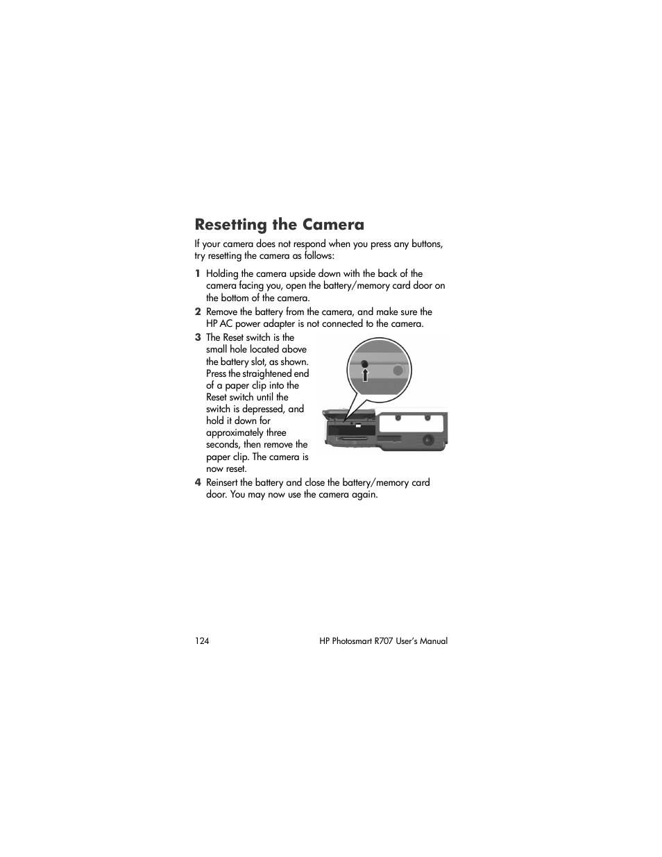Resetting the camera | HP R707 User Manual | Page 124 / 191