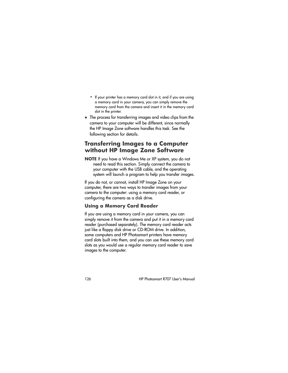 Using a memory card reader, Transferring images to a computer, Without hp image zone software | HP R707 User Manual | Page 126 / 191