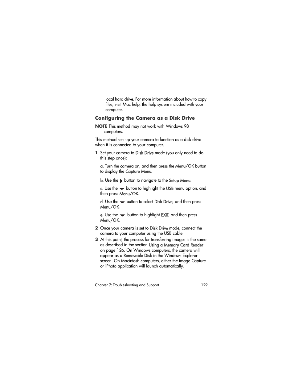 Configuring the camera as a disk drive | HP R707 User Manual | Page 129 / 191