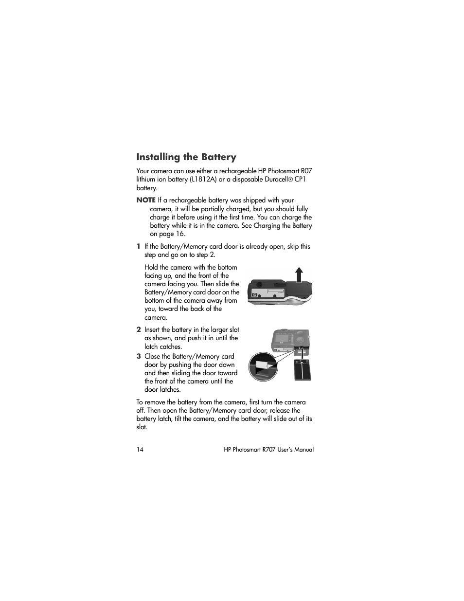 Installing the battery | HP R707 User Manual | Page 14 / 191