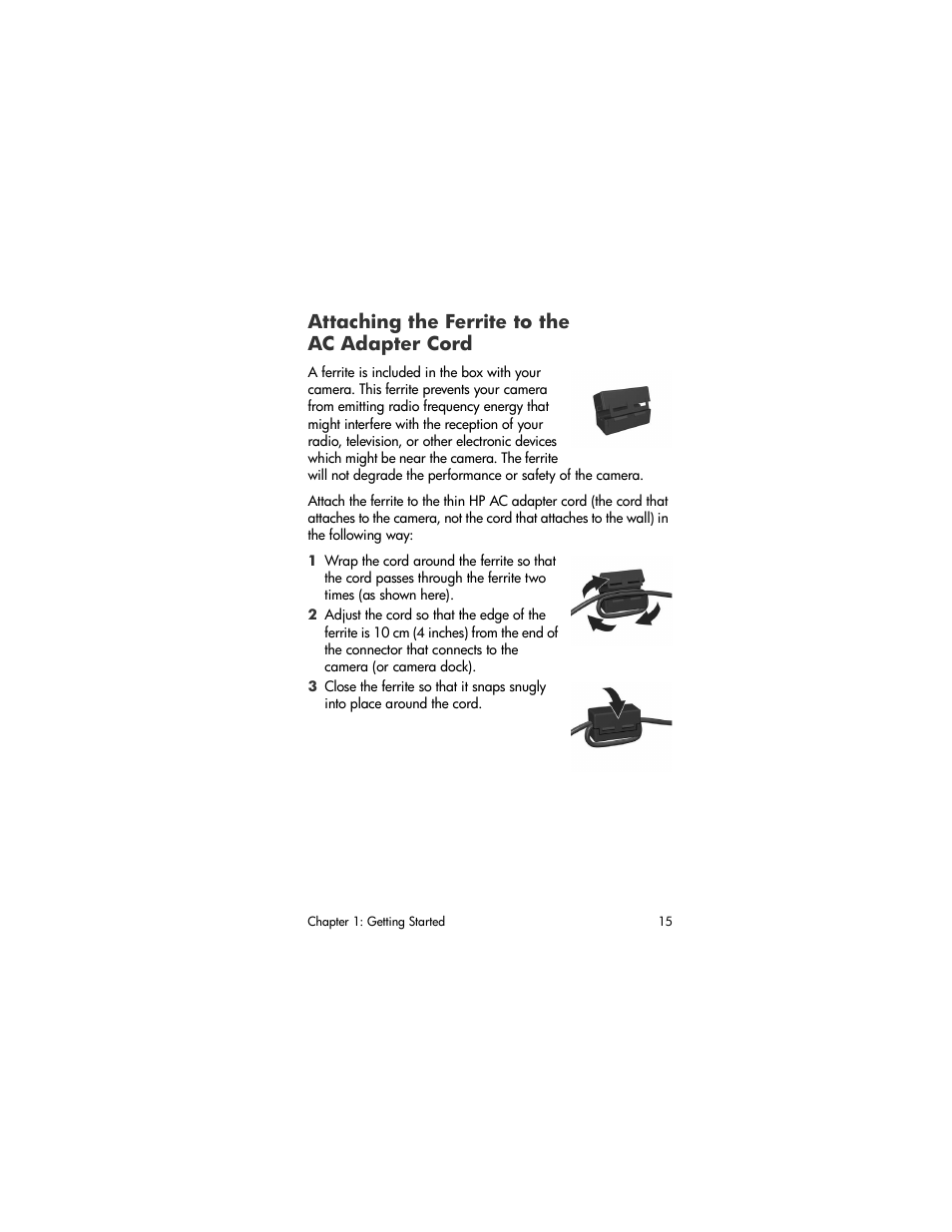 Attaching the ferrite to the ac adapter cord | HP R707 User Manual | Page 15 / 191