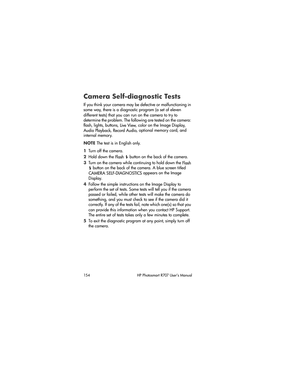 Camera self-diagnostic tests, Camera self, Diagnostic tests | HP R707 User Manual | Page 154 / 191