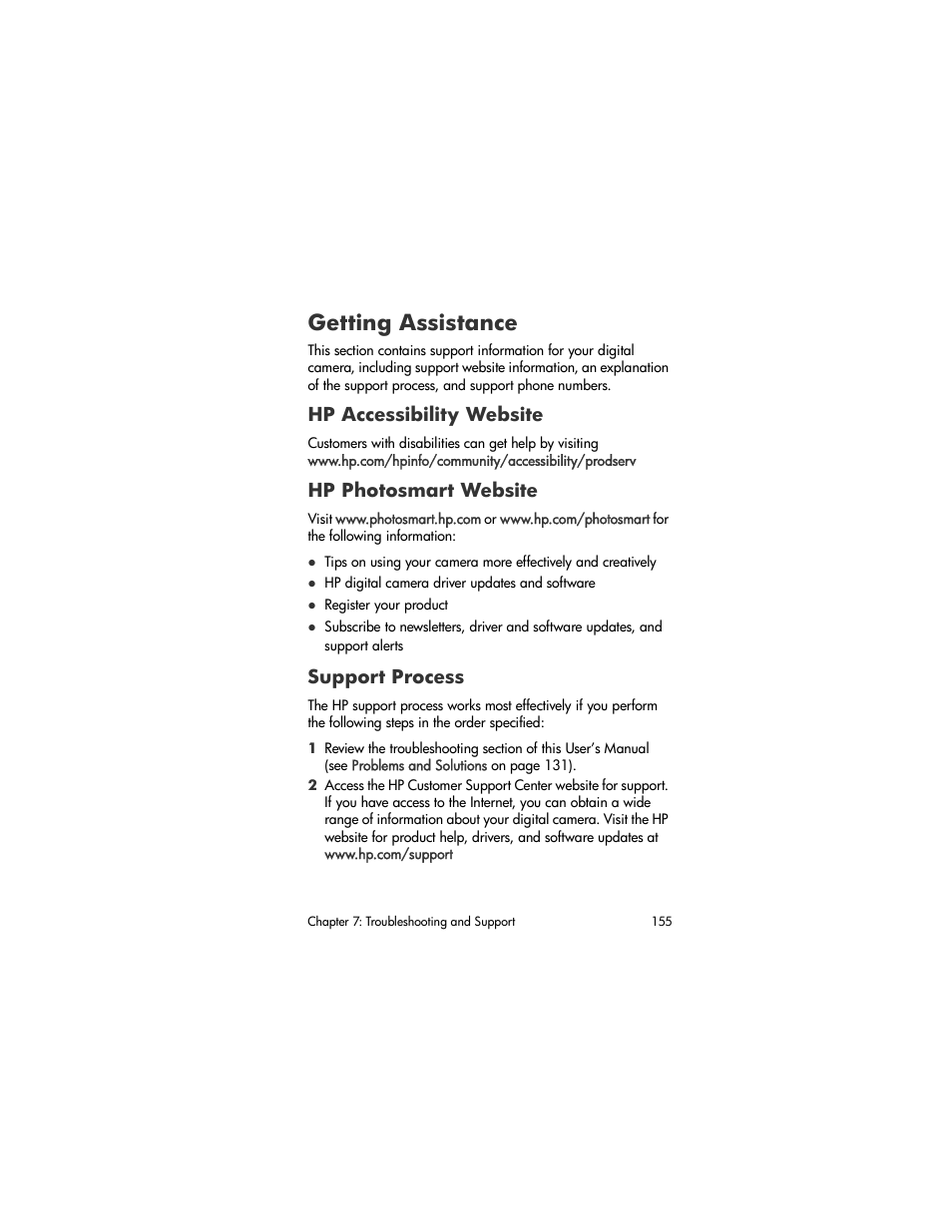 Getting assistance, Hp accessibility website, Hp photosmart website | Support process, Getting, Assistance | HP R707 User Manual | Page 155 / 191